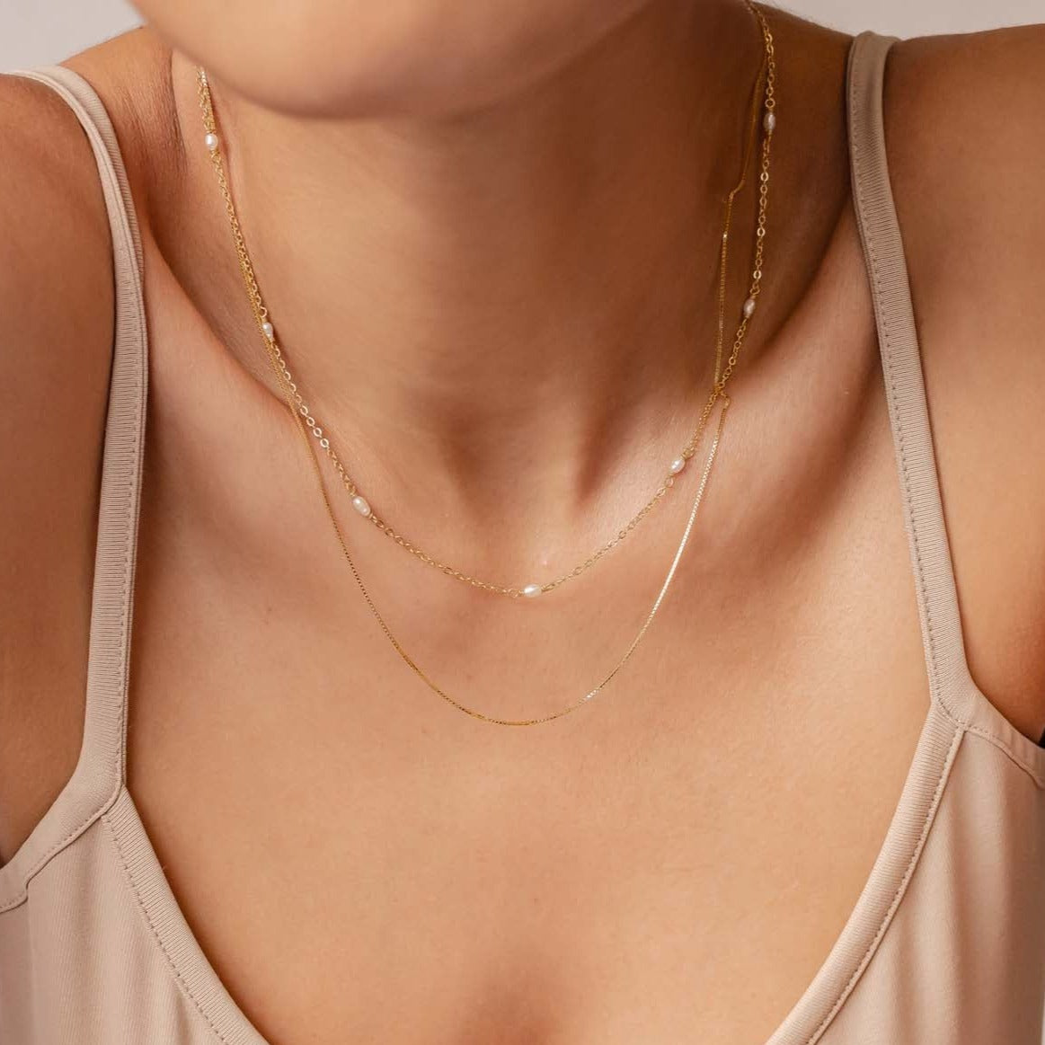 2 Layering Necklaces Set Pearls Sterling Silver Gold