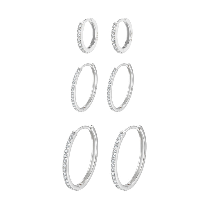 Clear Stone Trio Earring Hoop Set Sterling Silver