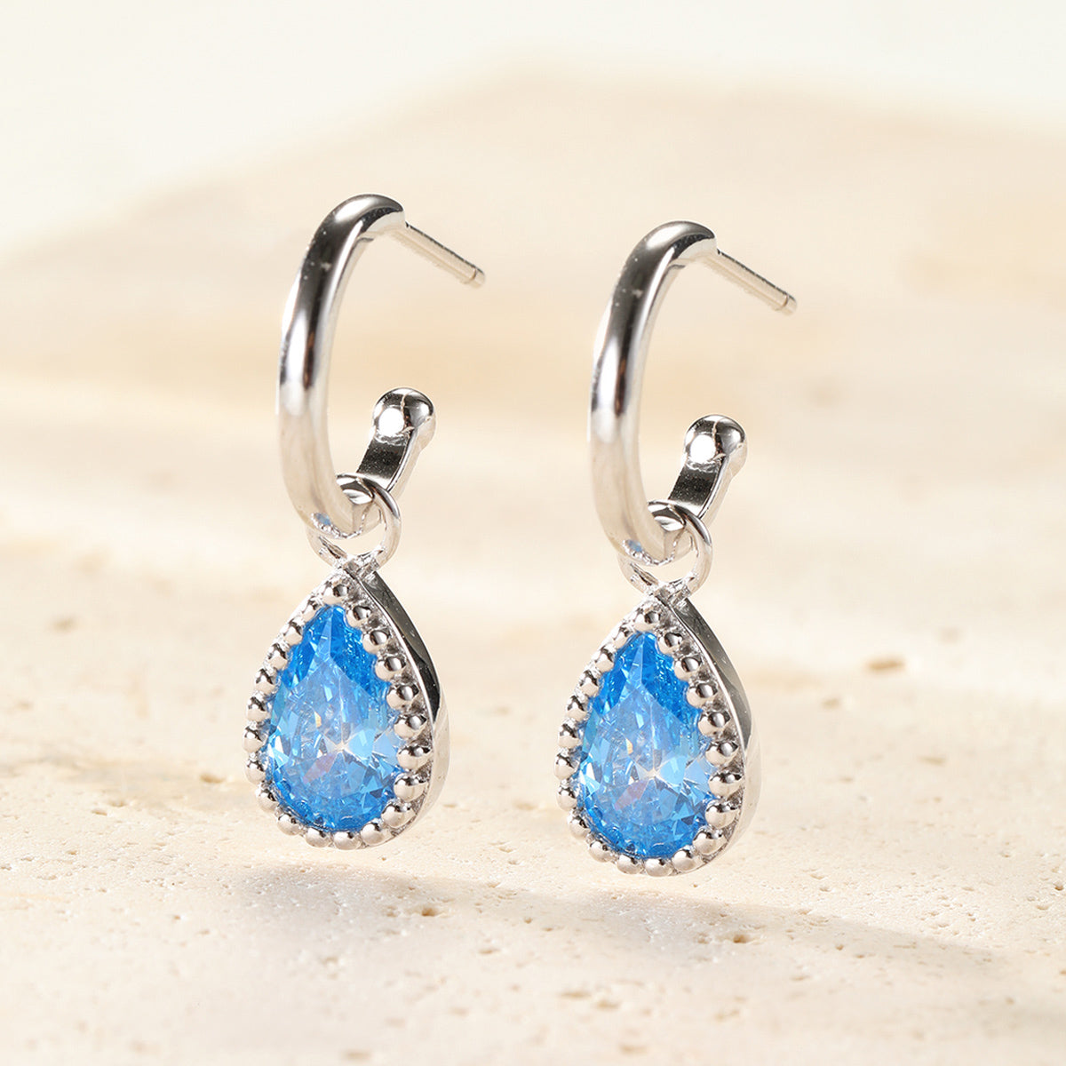 Boucles d’Oreilles Creoles Birthstone Aigue-Marine Mars Argent Sterling