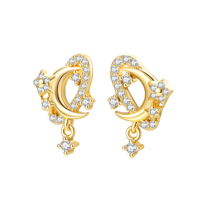 Pendientes Botón Luna y Estrella Brillante Plata de Ley 925