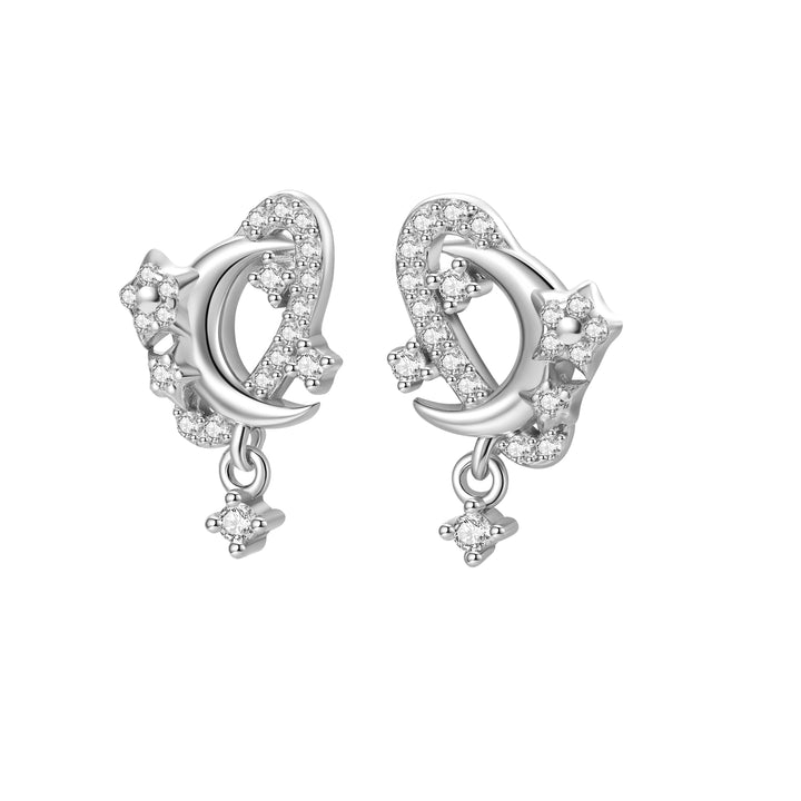 Pendientes Botón Luna y Estrella Brillante Plata de Ley 925