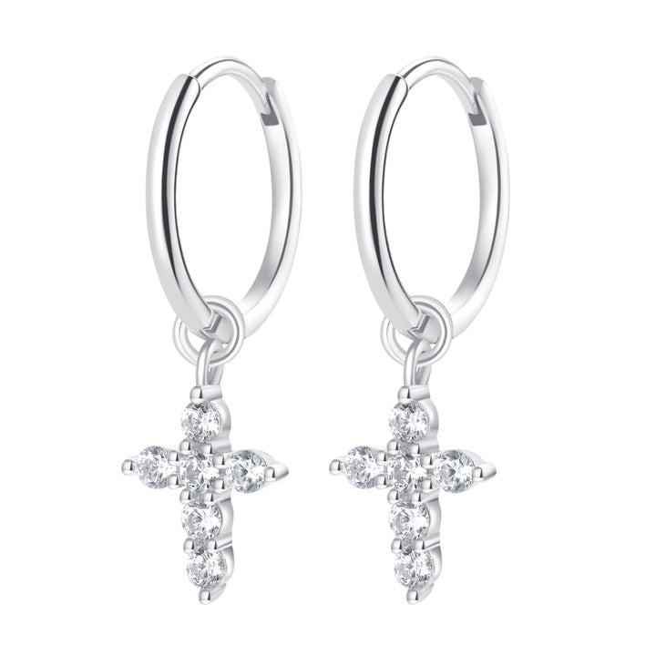 Cross Charm Hoop Earrings Sterling Silver