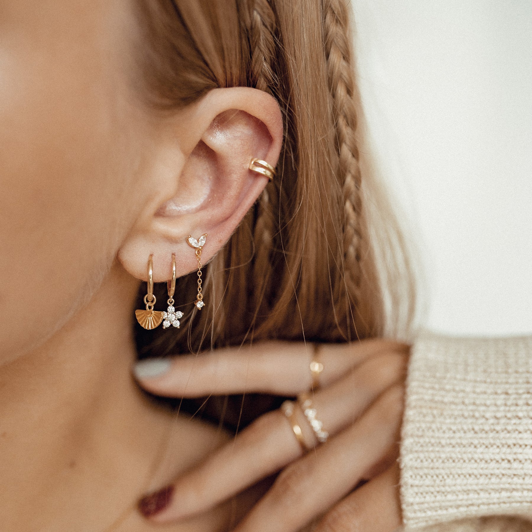 Zweireihige Ear Cuff Ohrringe Sterlingsilber in Gold