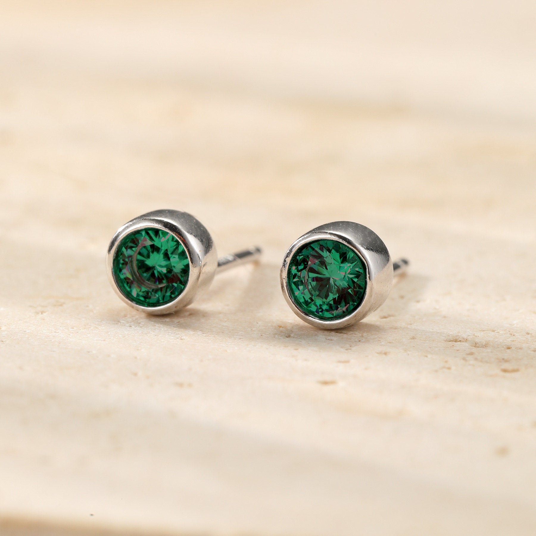 Emerald Bezel Stud Earrings Sterling Silver