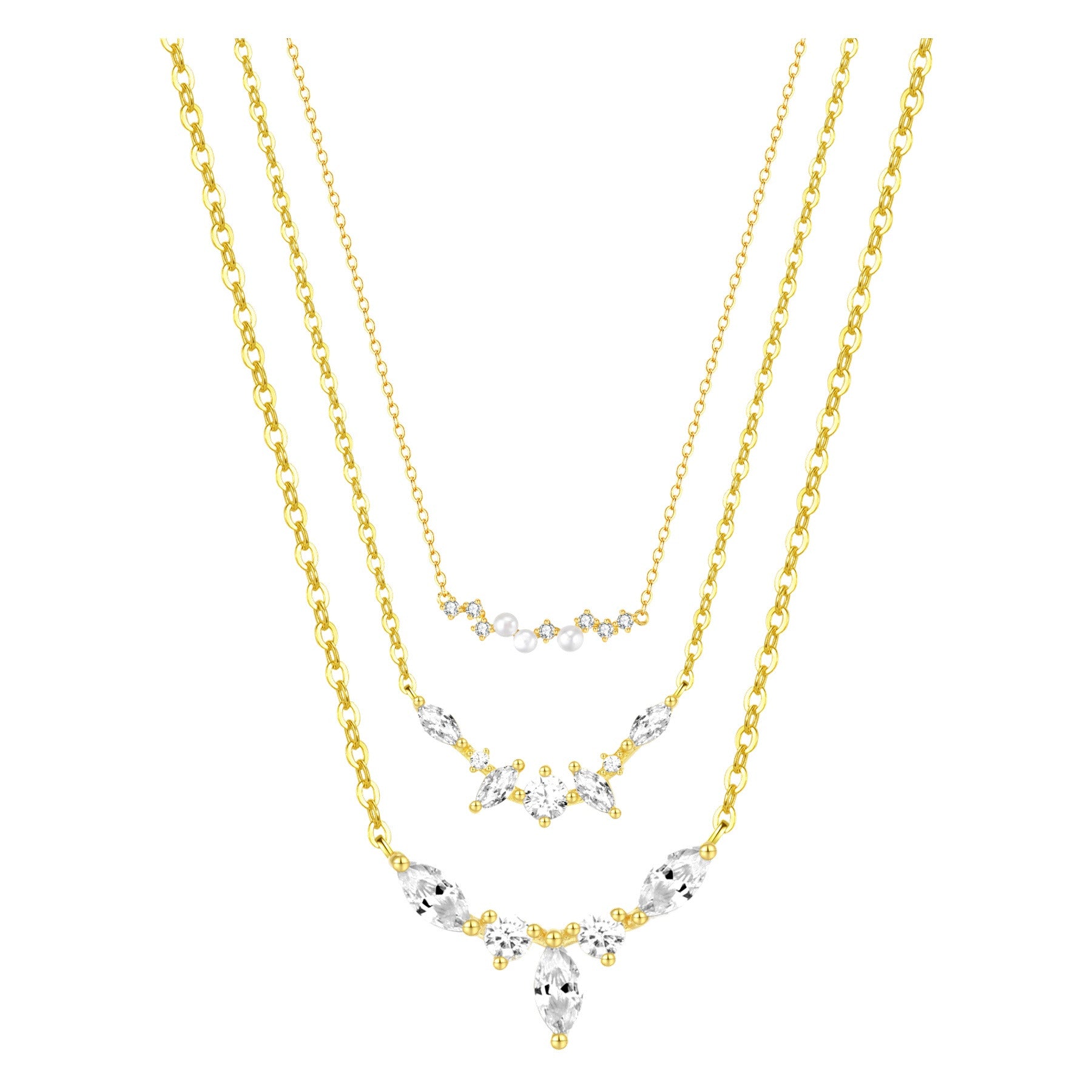 Gemstone Crown and Pearl Layering Necklaces Set Sterling Silver