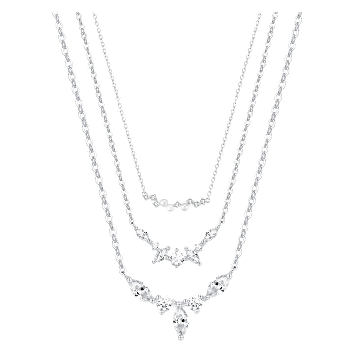Gemstone Crown and Pearl Layering Necklaces Set Sterling Silver