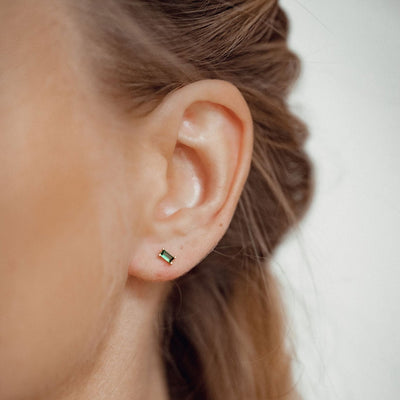 Green Baguette Gemstone Stud Earrings Sterling Silver Gold
