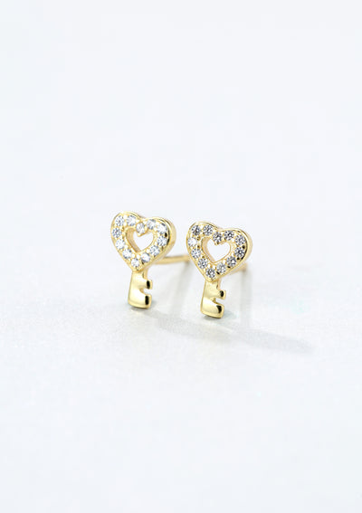 Heart Key Stud Earrings Sterling Silver Gold