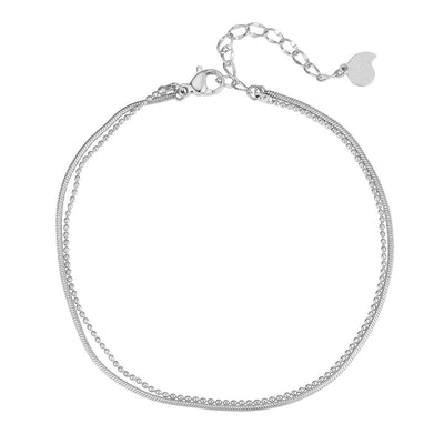 Layered Snake and Bead Chain Anklet Silver