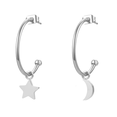 Moon Star Hoop Earrings Silver