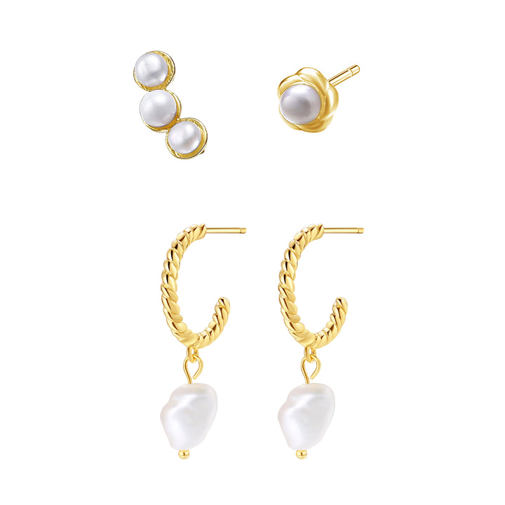 Set Pendientes Botón y Aro Perla Plata de Ley 925