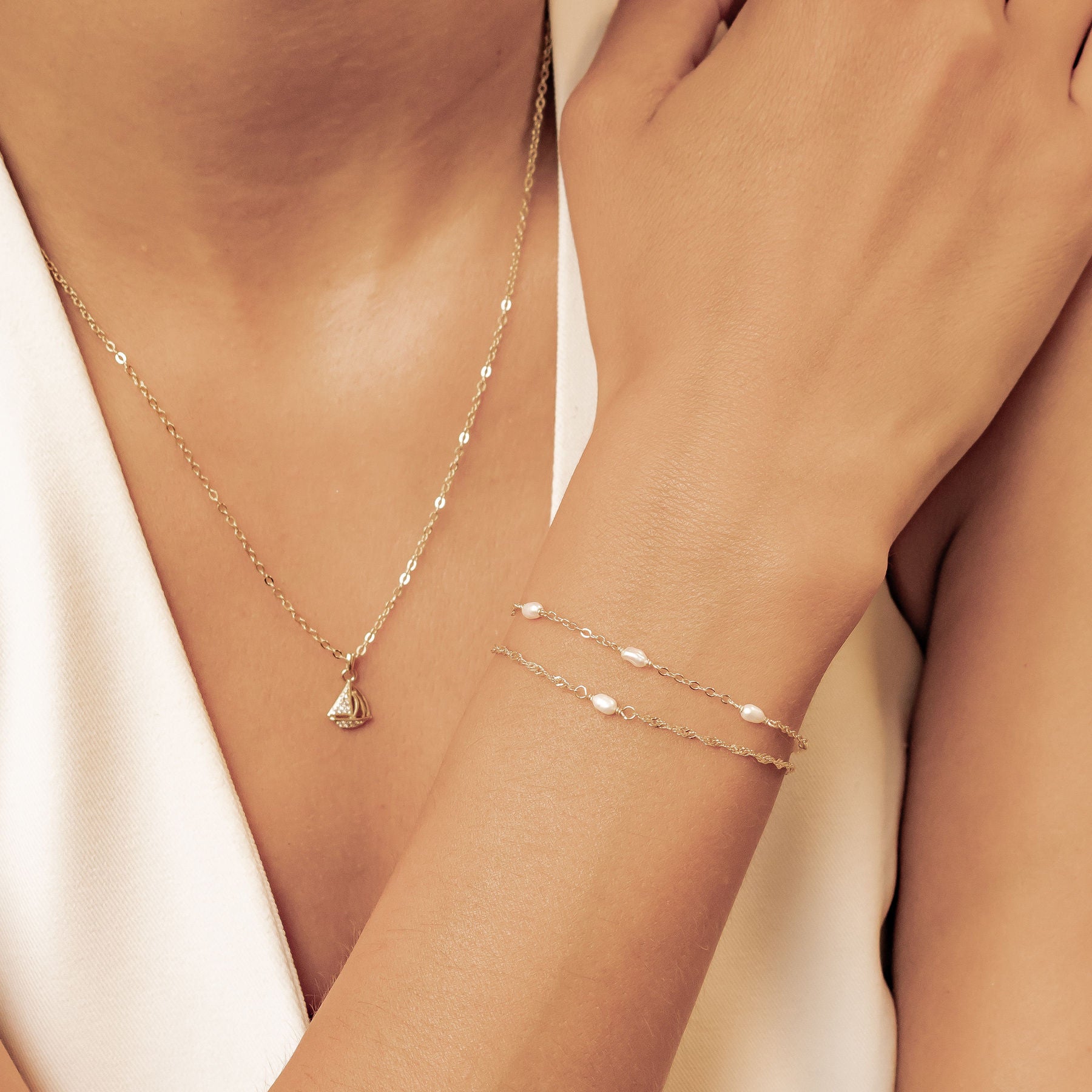 Pearl Layering Bracelets Set Sterling Silver