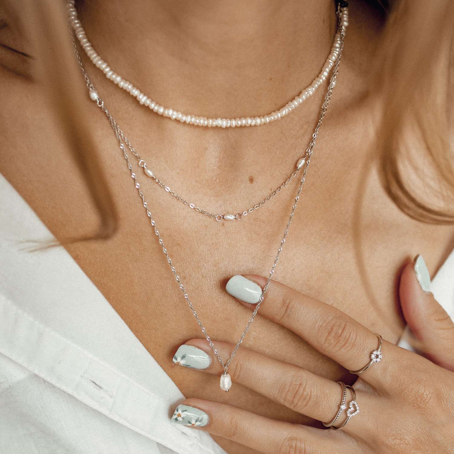 Conjunto de Collares a Capas con Perla Plata de Ley 925
