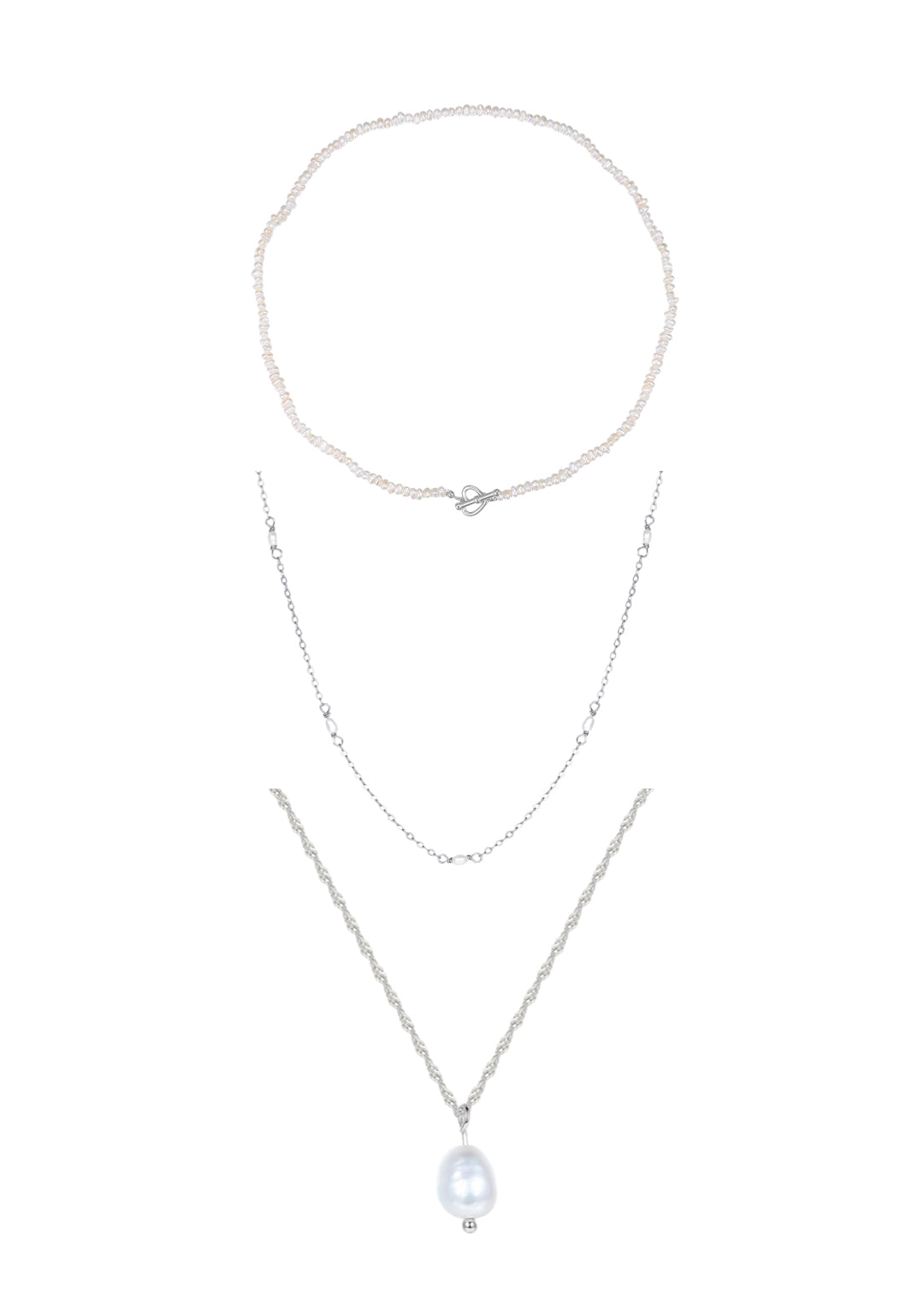 Conjunto de Collares a Capas con Perla Plata de Ley 925