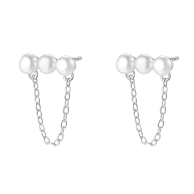 Trio Pearl Chain Stud Earrings Sterling Silver