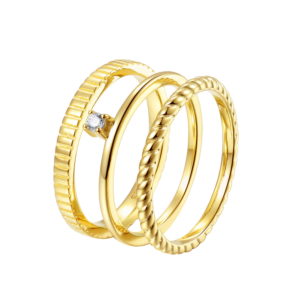 Triple Textured Ring Set Sterling Silver Gold