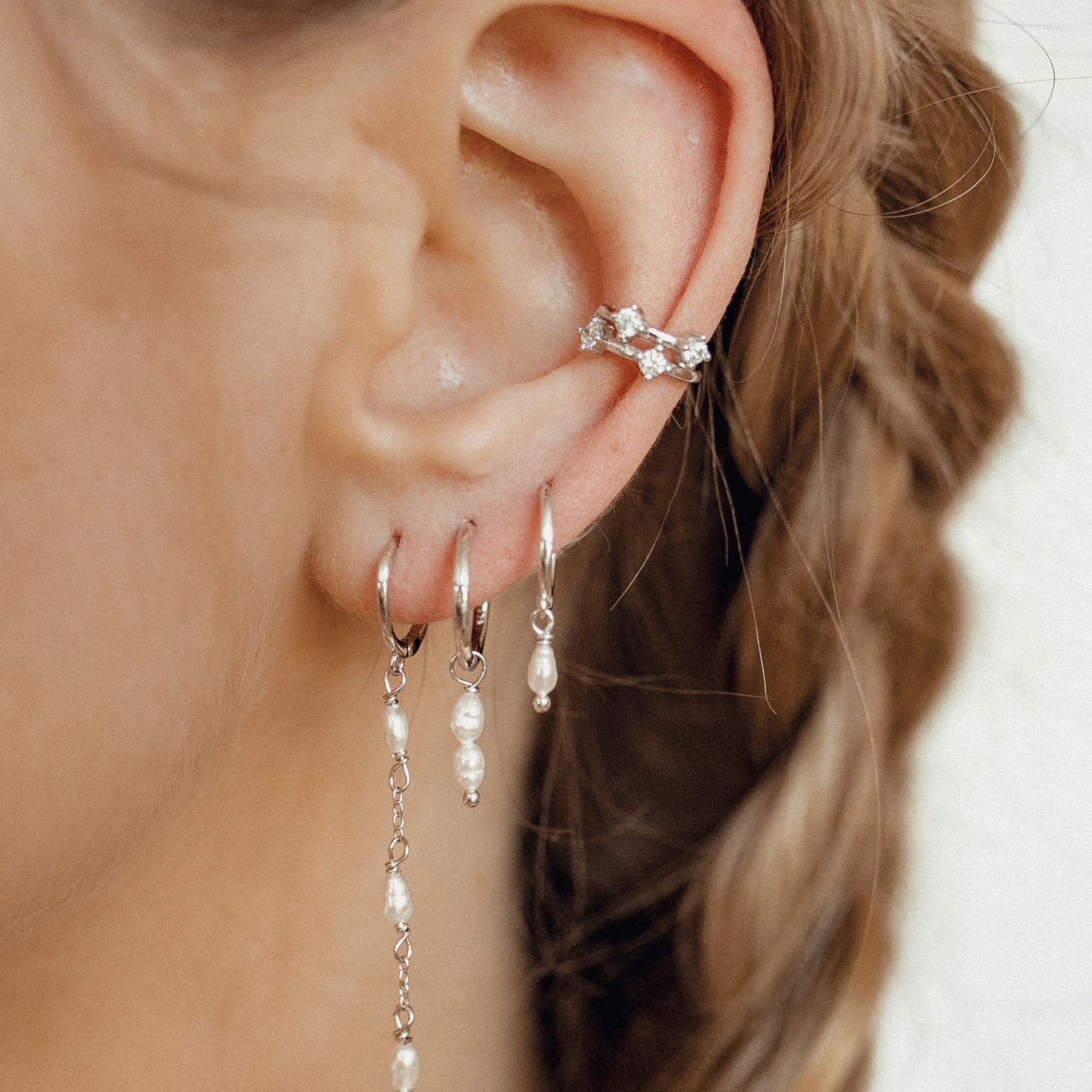 Triple Pearl Huggie Earrings Sterling Silver