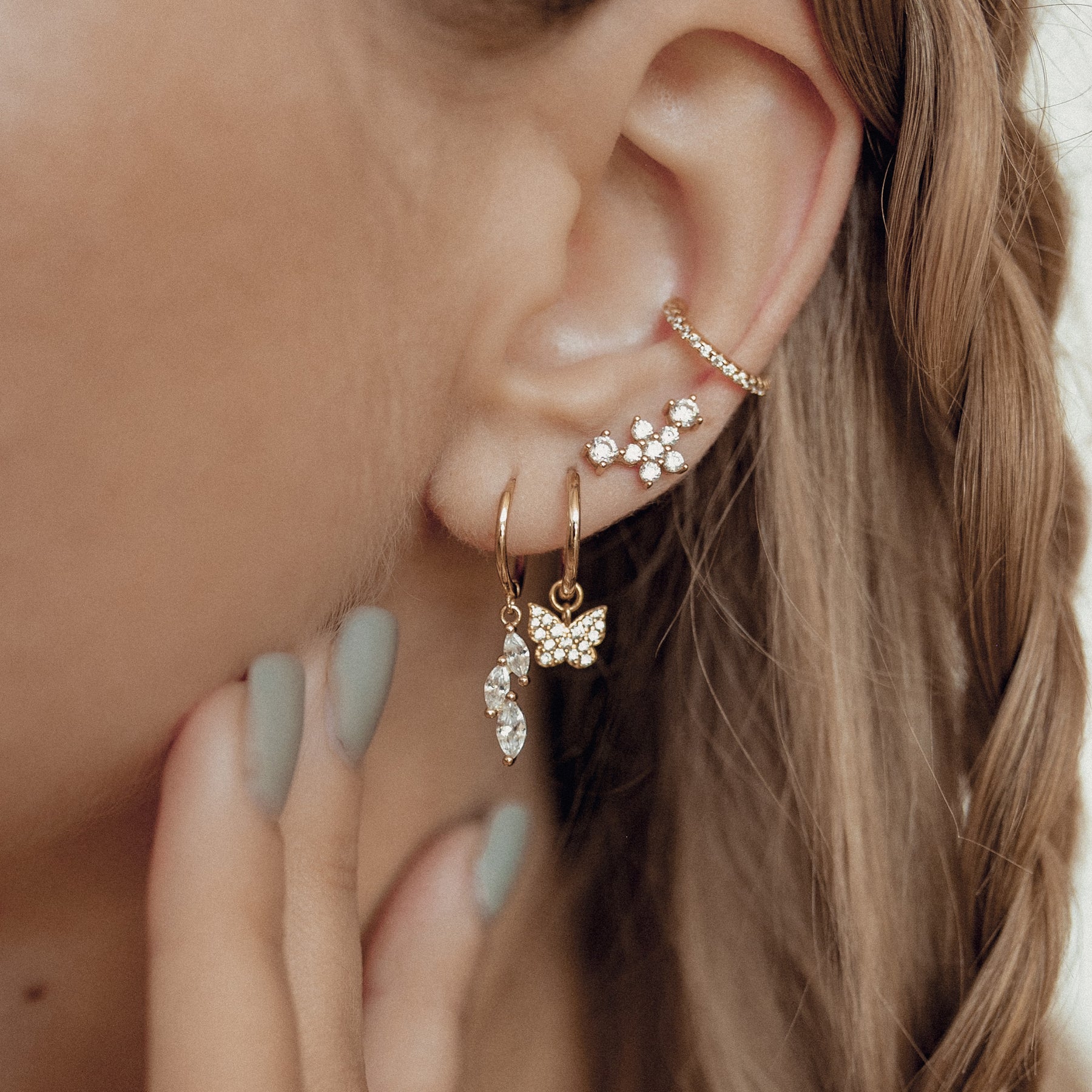 Butterfly Charm Hoop Earrings Sterling Silver Gold