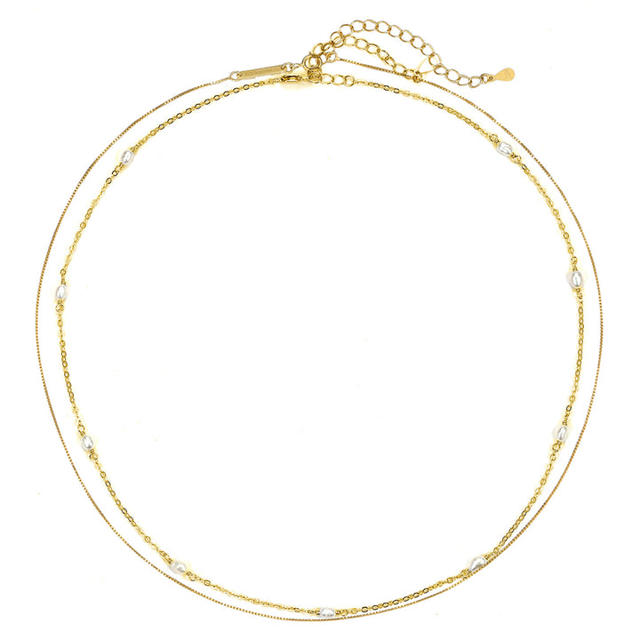 2 Layering Necklaces Set Pearls Sterling Silver Gold
