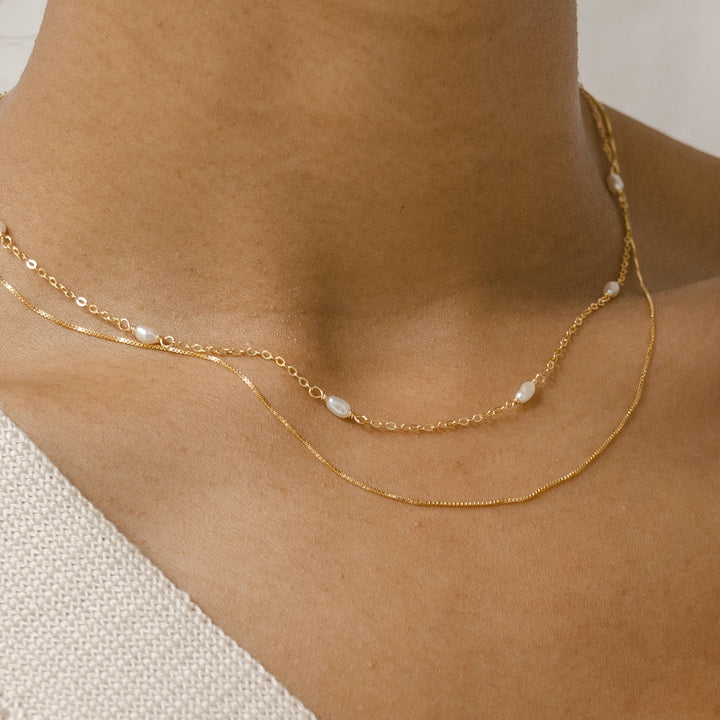 2 Layering Necklaces Set Pearls Sterling Silver Gold