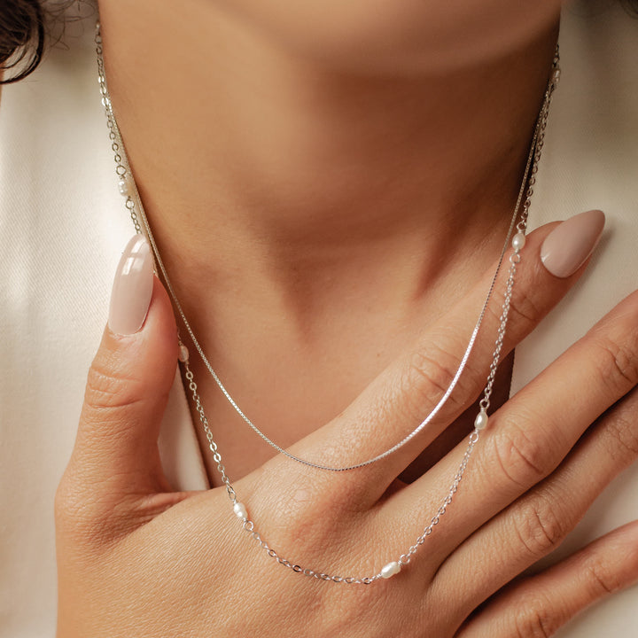 2 Layering Necklaces Set Pearls Sterling Silver Gold