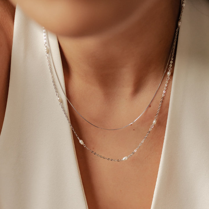 2 Layering Necklaces Set Pearls Sterling Silver Gold