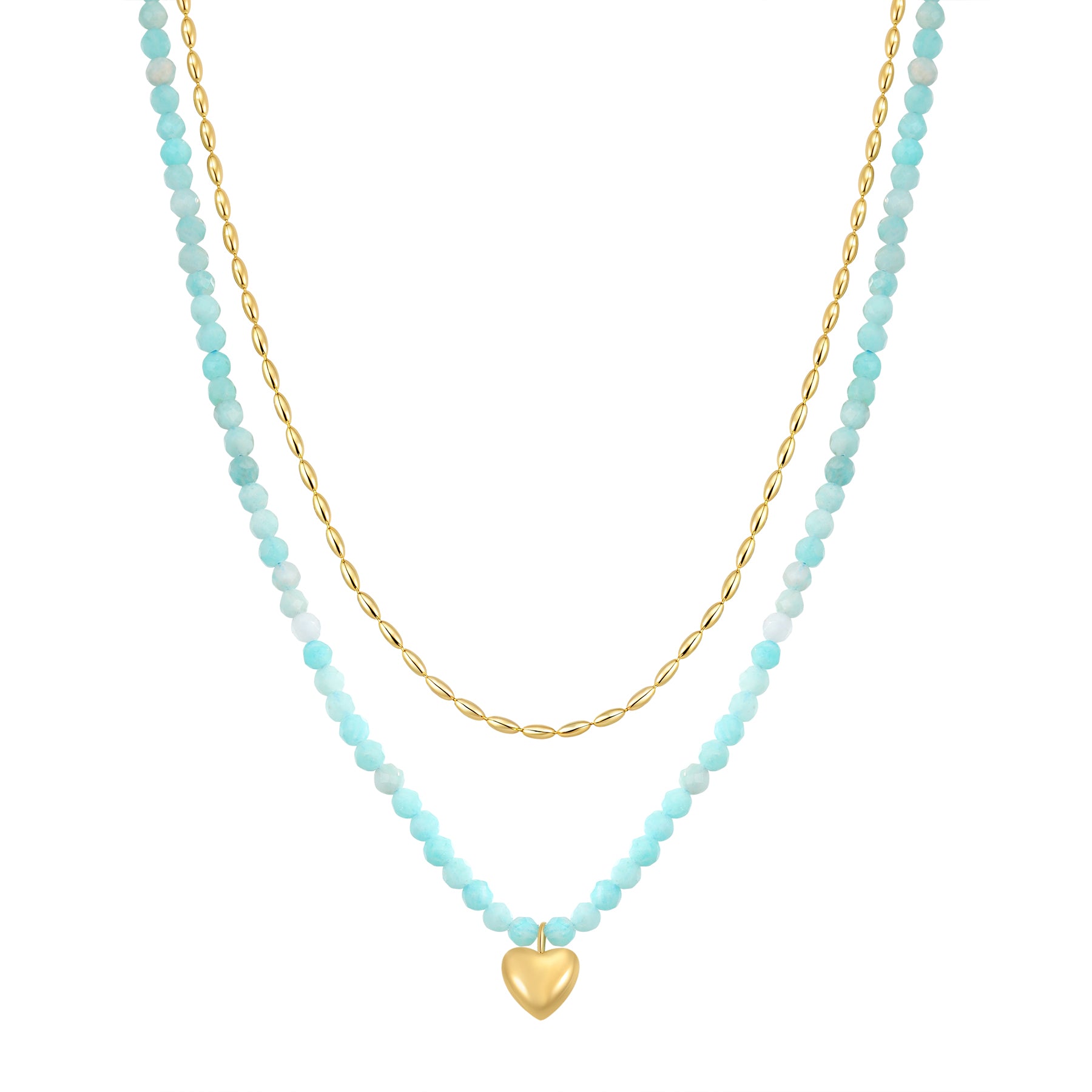 Aquamarine Heart Charm Layered Bead Necklace Waterproof