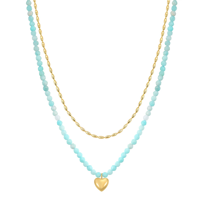 Aquamarine Heart Charm Layered Bead Necklace Waterproof