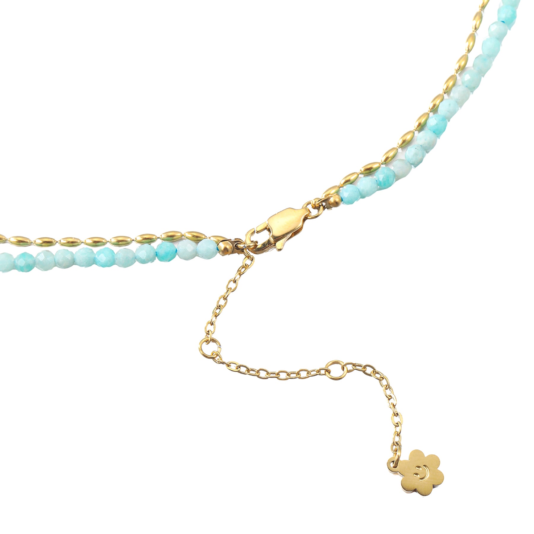 Aquamarine Heart Charm Layered Bead Necklace Waterproof