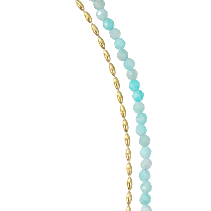 Aquamarine Heart Charm Layered Bead Necklace Waterproof