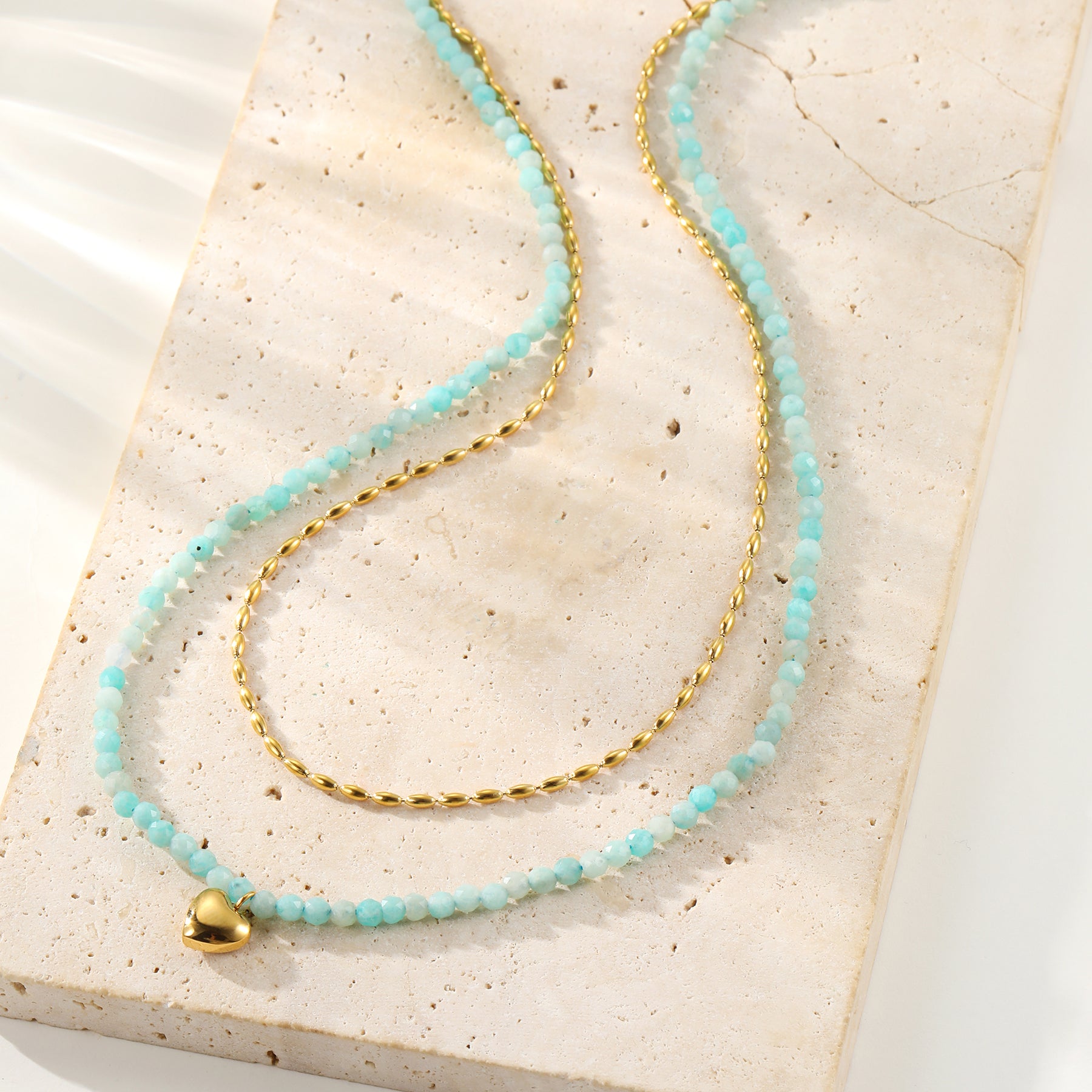 Aquamarine Heart Charm Layered Bead Necklace Waterproof