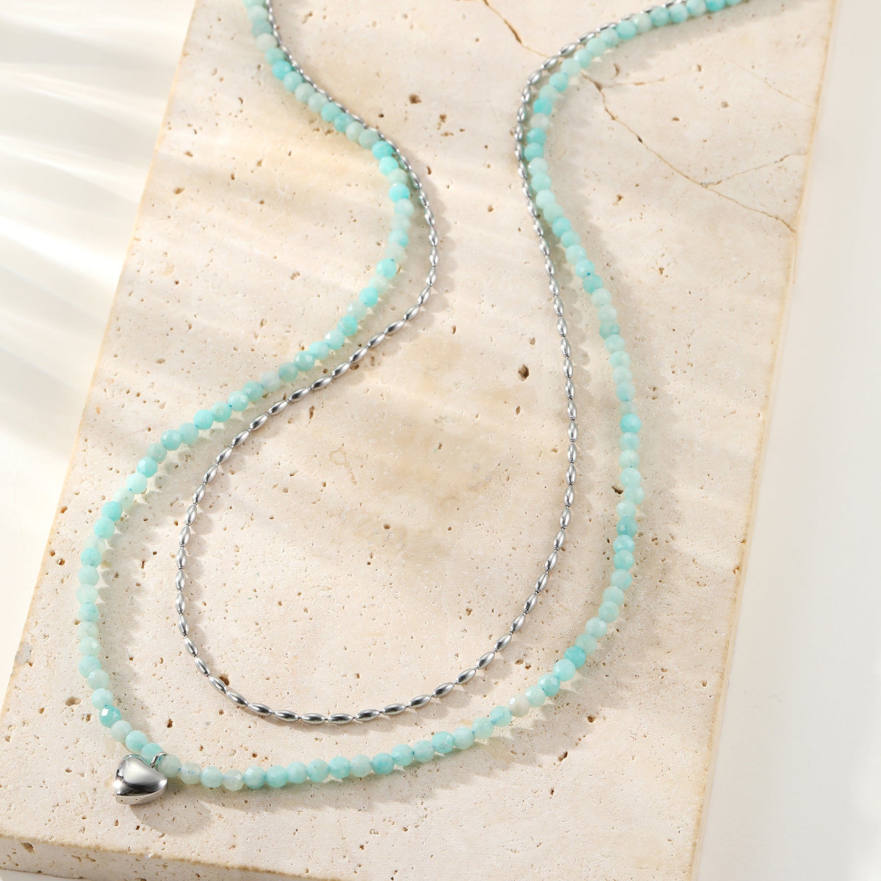 Aquamarine Heart Charm Layered Bead Necklace Waterproof
