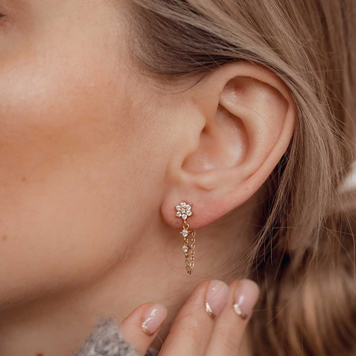 Boucles d'oreilles Chaîne de Fleurs Sterling Argent en Or