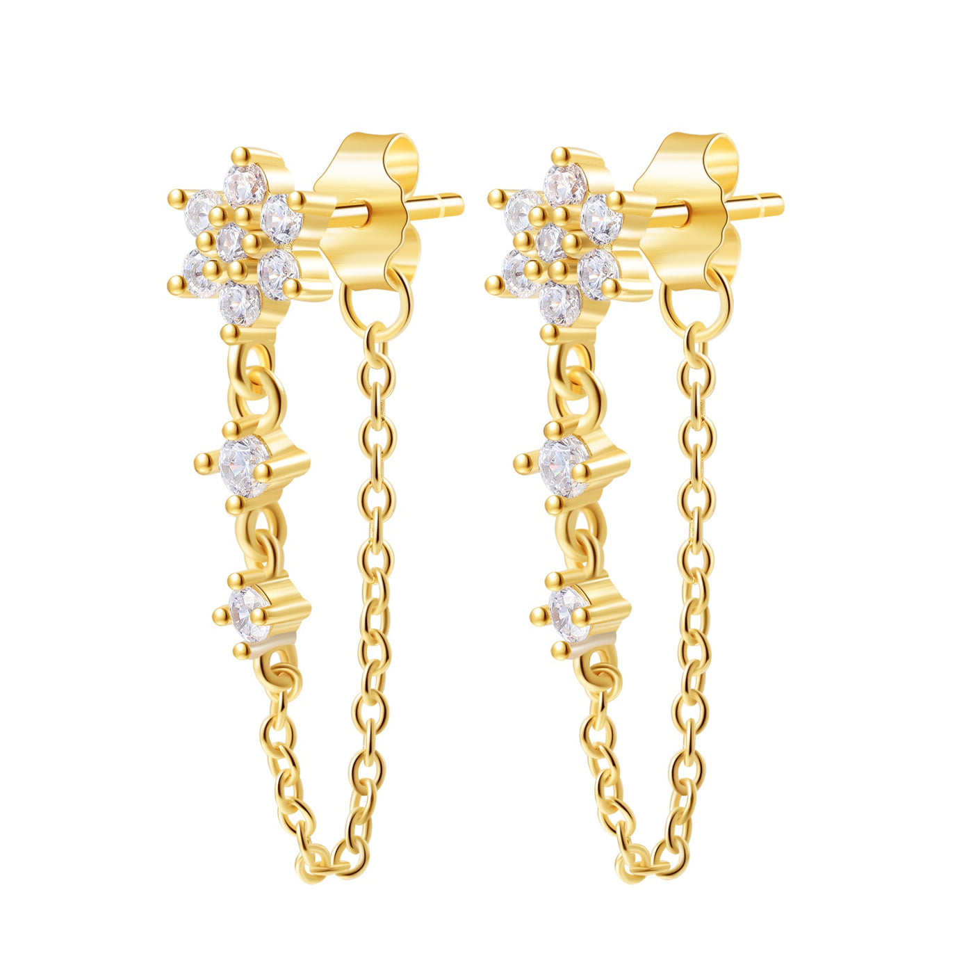 Boucles d'oreilles Chaîne de Fleurs Sterling Argent en Or