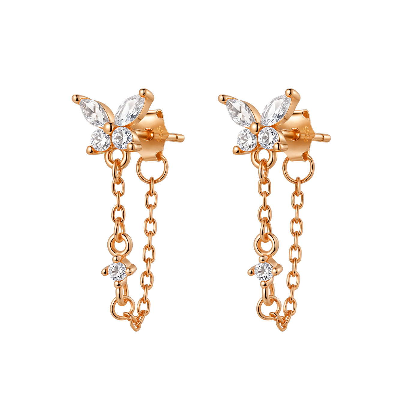 Schmetterlingsblüten-Ohrringe mit Ketten – Sterling Silber