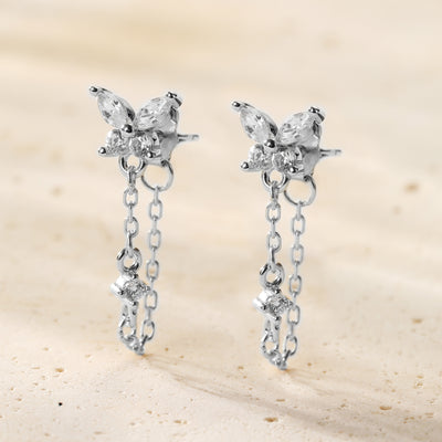 Schmetterlingsblüten-Ohrringe mit Ketten – Sterling Silber