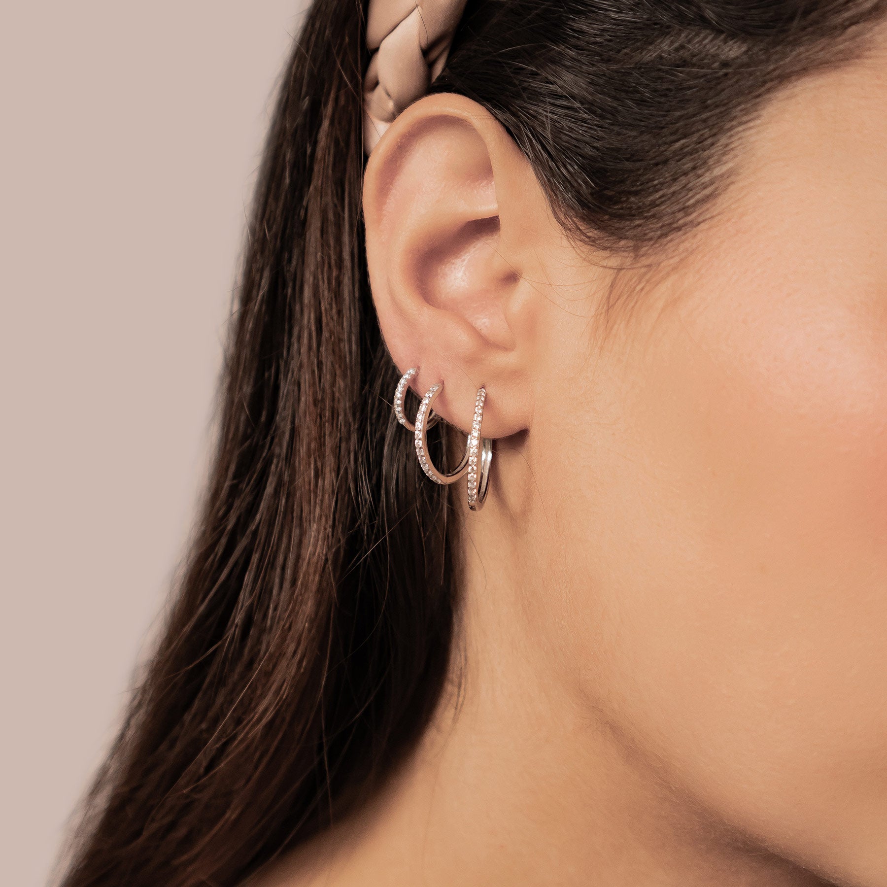 Clear Stone Trio Earring Hoop Set Sterling Silver