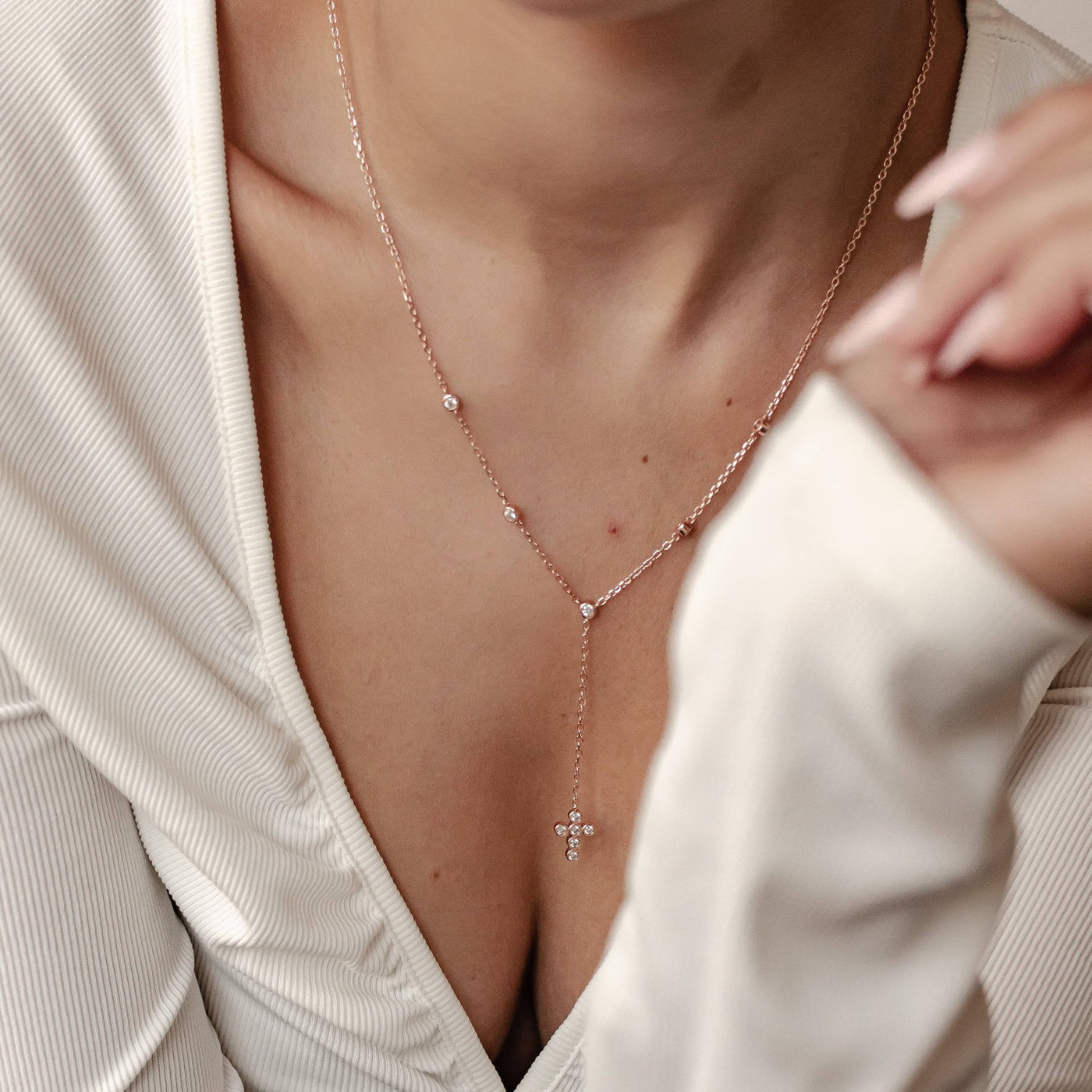 Collier en Y Lariat Croix Sterling Argent