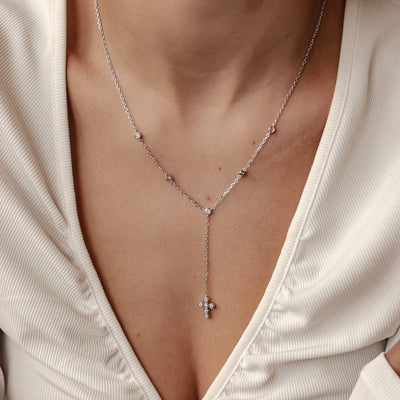 Collier en Y Lariat Croix Sterling Argent
