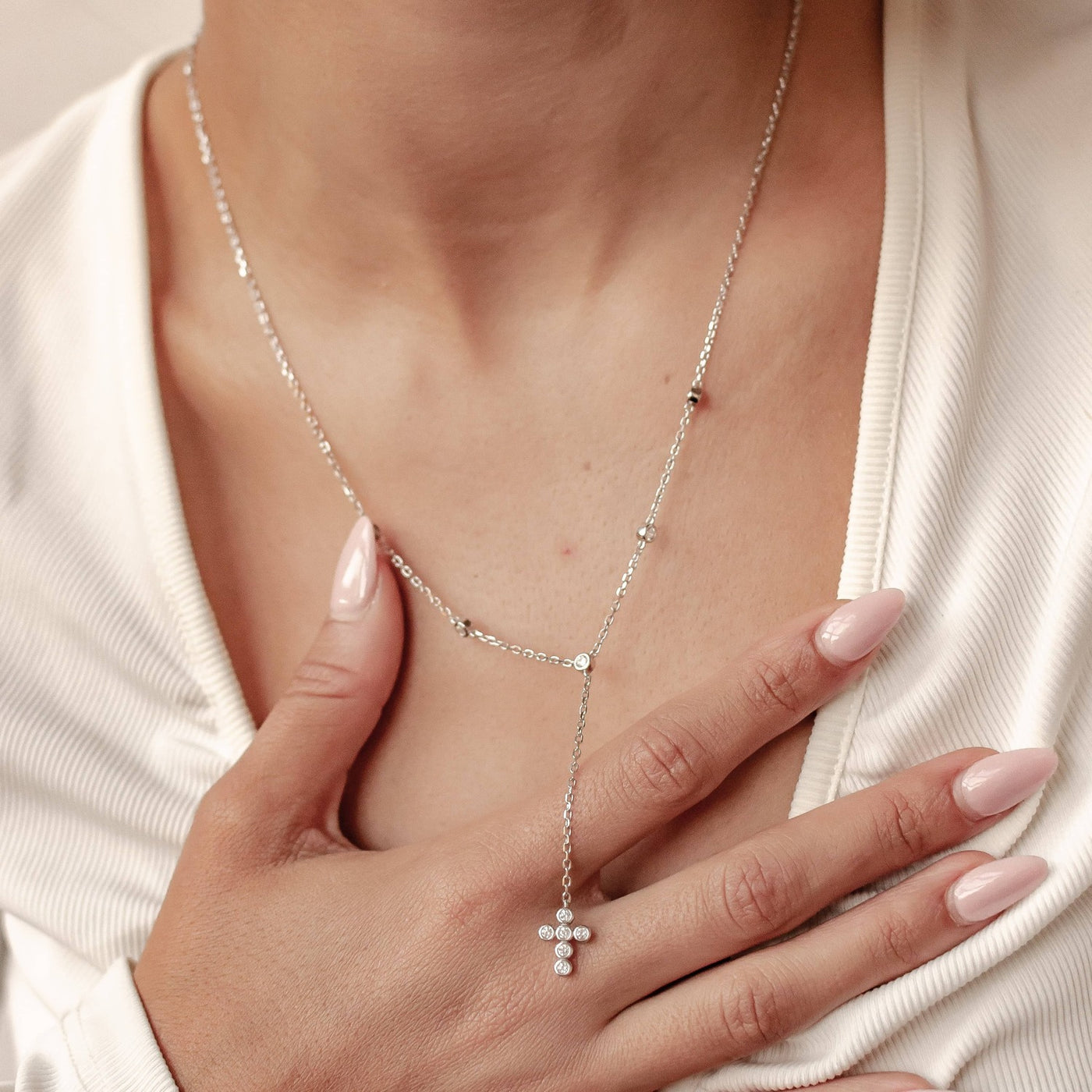 Collier en Y Lariat Croix Sterling Argent