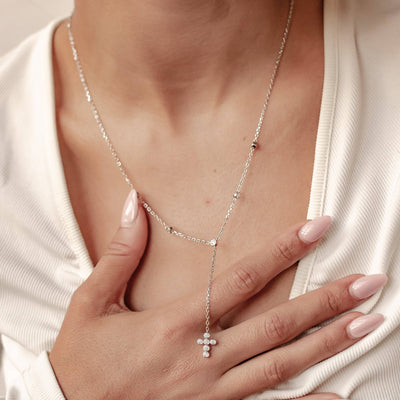 Collier en Y Lariat Croix Sterling Argent