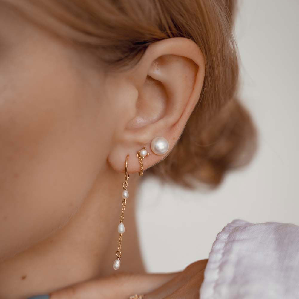 Pearl Chain Stud Earrings Sterling Silver Gold