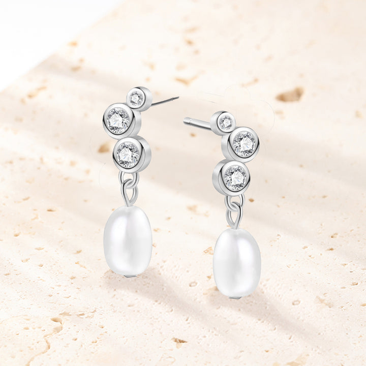 Hanging Pearl Drop Stud Earrings Sterling Silver