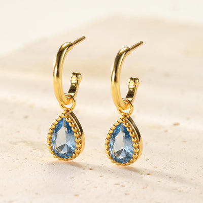 Boucles d’Oreilles Creoles Birthstone Topaze Bleue Decembre Sterling Argent