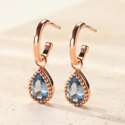 Boucles d’Oreilles Creoles Birthstone Topaze Bleue Decembre Sterling Argent