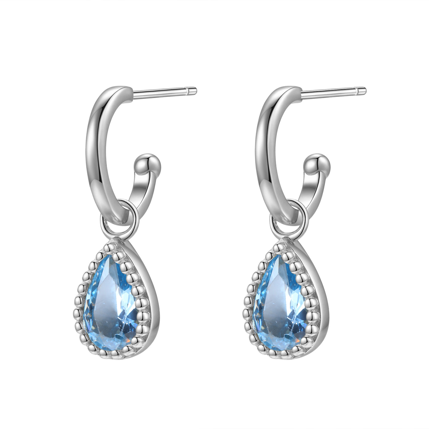 Boucles d’Oreilles Creoles Birthstone Topaze Bleue Decembre Sterling Argent