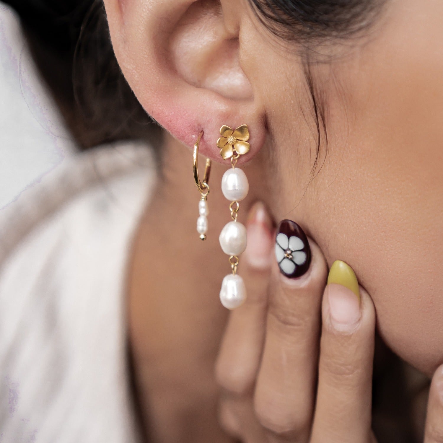 Pendientes Aro Doble Perla Plata de Ley 925 en Oro