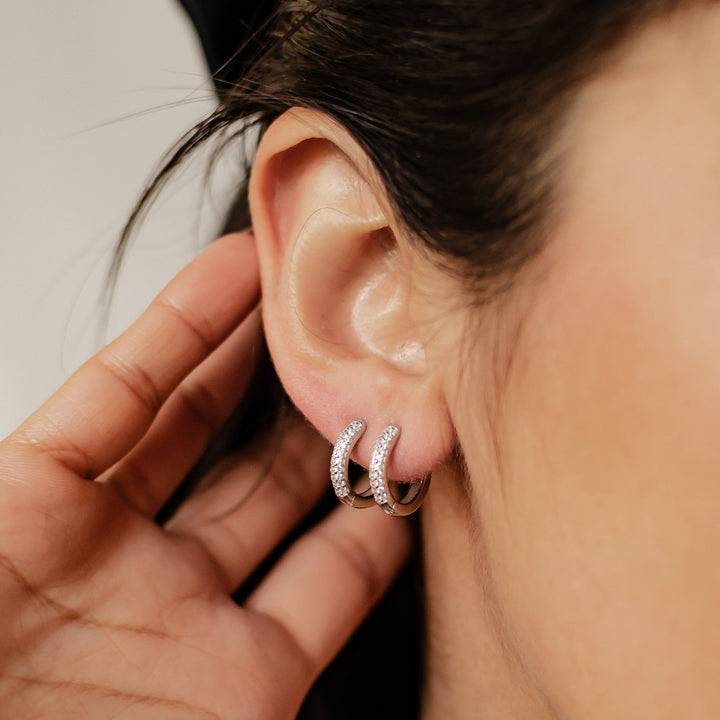 Double Clear Stone Hoop Earrings Sterling Silver