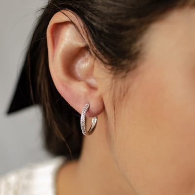 Double Clear Stone Hoop Earrings Sterling Silver