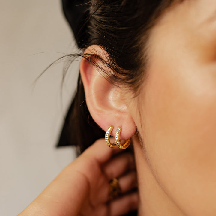 Double Clear Stone Hoop Earrings Sterling Silver